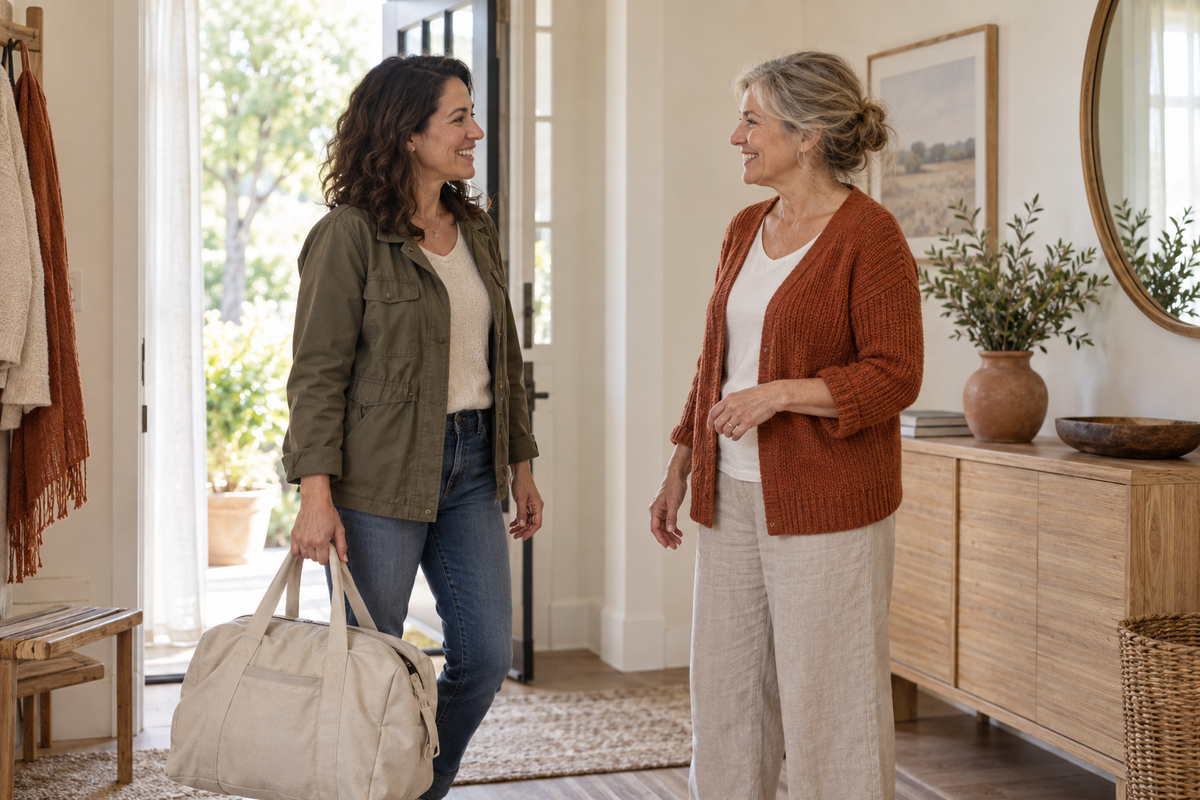 Two adult caregivers greeting each other at the front door