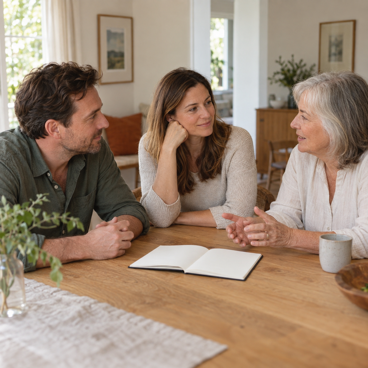 Adults discussing a household care plan