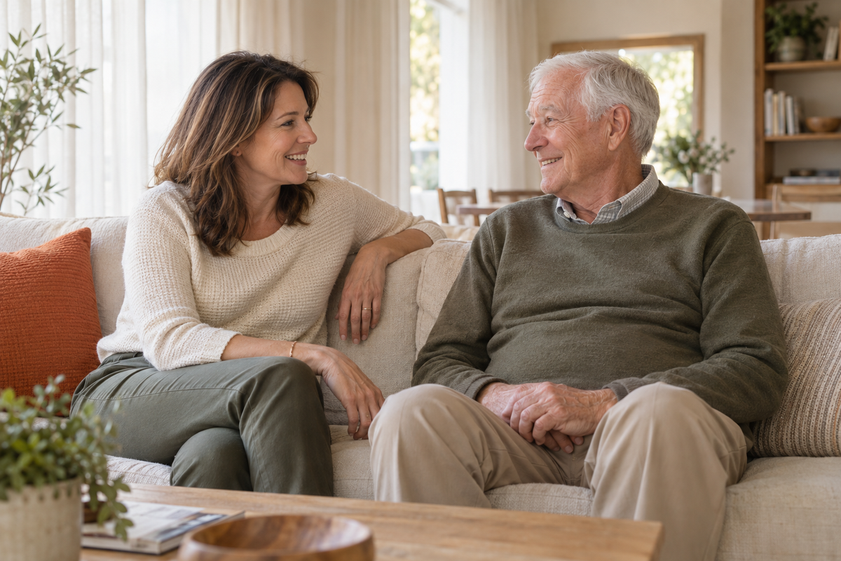 Adult daughter talking with her older father at home